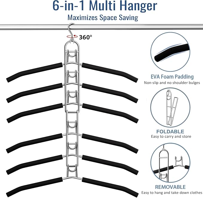 Clothes Hangers Space Saving, Newly Upgraded Detachable Shirt Hangers, 6-Tier Foldable Coat Hanger with 360° Swivel Hook for Closet Organizers and Storage Shirt,Sweater,Suit - 2 Pack, Patent Pending - Image 6