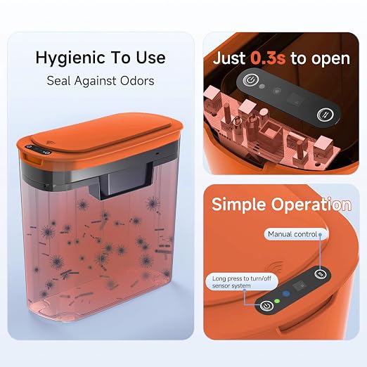 TIPGO Automatic Motion Sensor Bathroom Trash Can with Lid, 2.6 Gallon Touchless Trash Bin, Smart Garbage Can Plastic Slim Wastebasket for Bedroom, Office, Dorm (Orange) - Image 6
