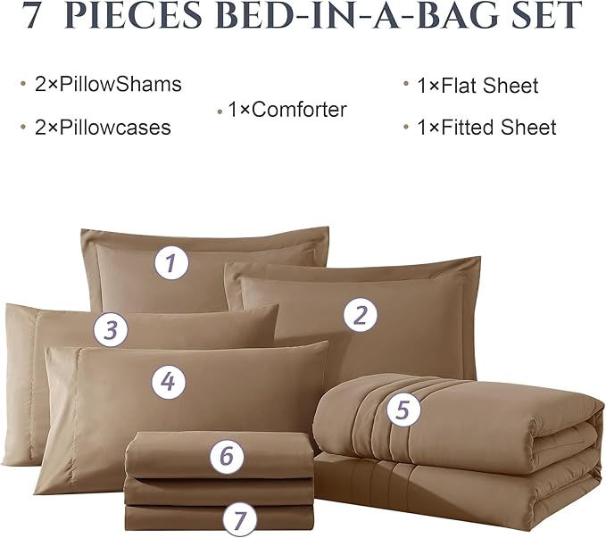 Monbix Super King Size Comforter Set - 7 Pieces Raw Umber Bed in a Bag Super King Bedding Sets with Comforters, All Seasons Comforter Bed Set with Sheets,Pillowcases & Shams