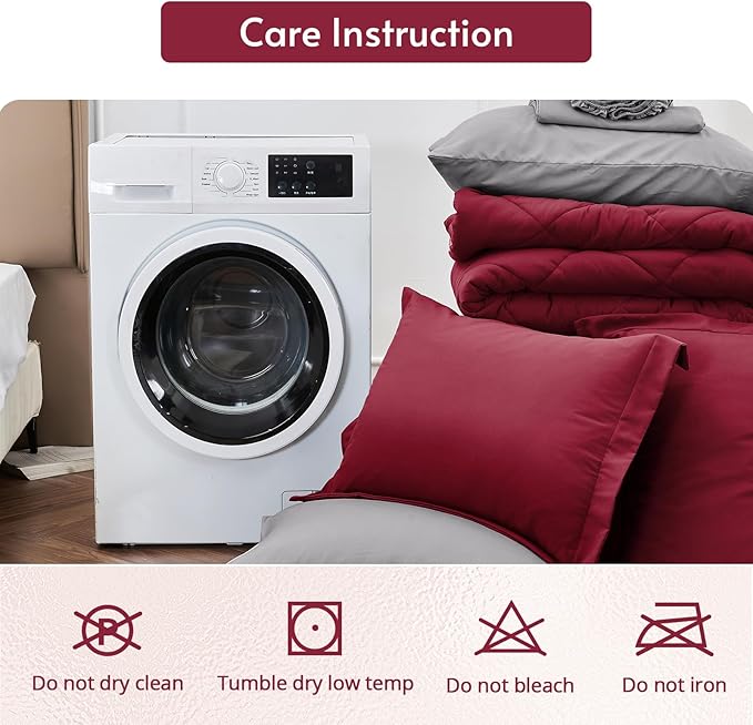 MUXHOMO 5 Pieces Twin Comforter Set, Reversible Bed in a Bag Twin Size, All Season Bedding Set with Comforter, Flat Sheet, Fitted Sheet, Pillowcases & Shams, Burgundy & Grey