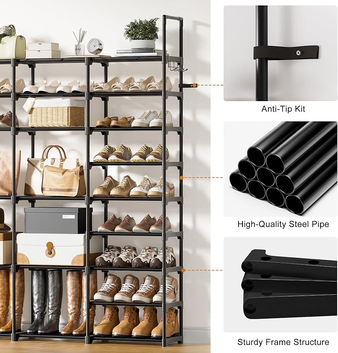 WOWLIVE 4 Row 9 Tiers Extra Large Shoe Rack 68-72 Pairs Big Tall Metal Shoe Shelf, Heavy Duty Organizer for Closet Entryway, Boot Rack Storage Stackable Stand for Garage Black - Image 7