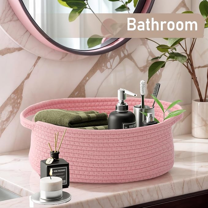 JMvicyroam Woven Basket,Small Rope Storage Bin with Handles & Ribbon Bag, Organizer for Shelves Closets,Gift Basket Empty for Birthday,Books,Dog Toys, Pink/2 Pack - Image 8