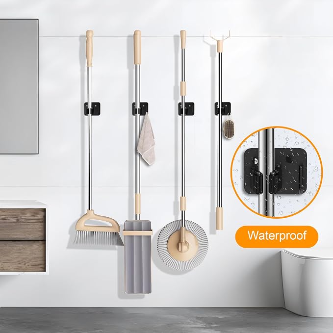 4 Pack Stainless Steel Broom Holder Wall Mount with Hook, Screw Drilling Broom and Mop Organizer Wall Hanging, Heavy Duty Storage Rack for Laundry Garage Closet Garden Tool Organizer, Black - Image 9