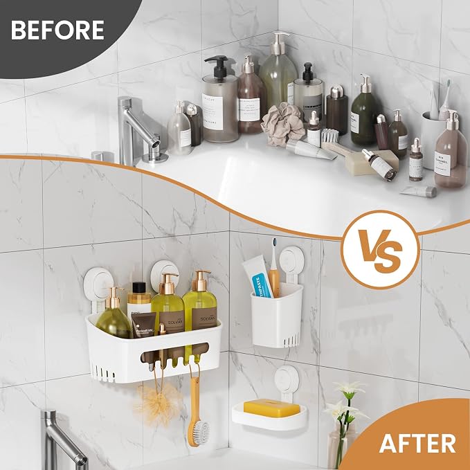 LEVERLOC Shower Caddy Suction Cup Set Shower Organizer & Soap Holder & Toothbrush Holder, Bathroom Shelf Basket NO-Drilling, Removable Suction Storage Waterproof Bathroom Caddy, White - Image 9