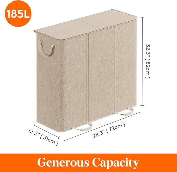 Lifewit Triple Laundry Hamper with Lid and Removable Laundry Bags, Large Collapsible 3 Dividers Dirty Clothes Basket with Handles for Bedroom Laundry Room Closet Bathroom College, 185L Beige - Image 6