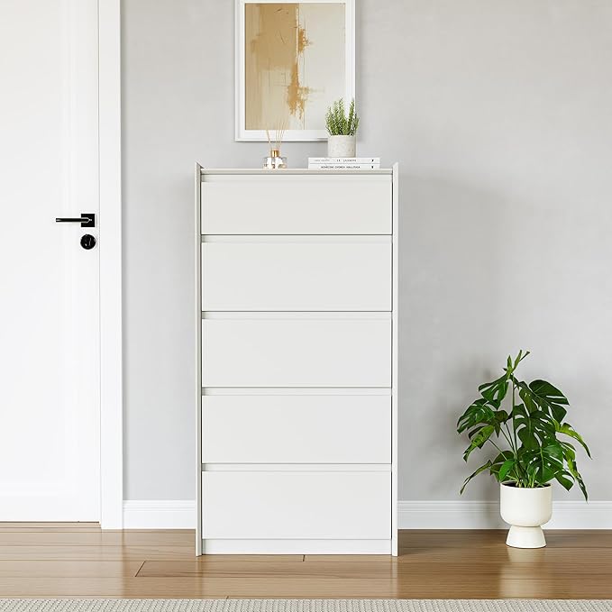 24" Wide White Dresser for Bedroom, 5 Drawer Vertical Chest, Modern Matte Wood Tallboy with Anti-Tip Kit, Space-Saving Storage Organizer for Closet & Small Spaces, Handle-Free