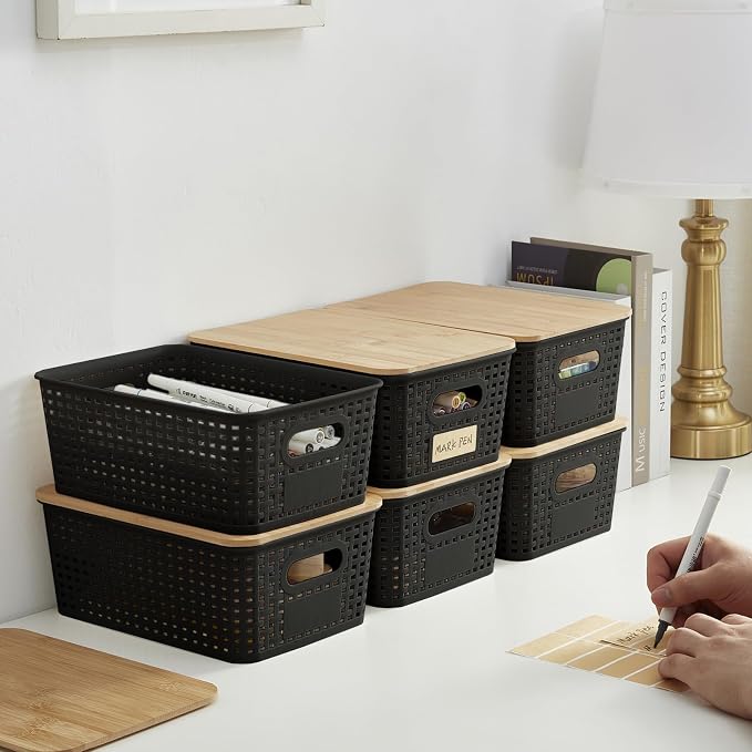 Bagnizer Small Plastic Storage Bins with Bamboo Lids 5.2qt Stackable Box Basket Pantry Decorative Containers Cute with Labels for Organizing Desktop Closet Office Black of 6 packs 10 * 7.2 * 4.1" - Image 8