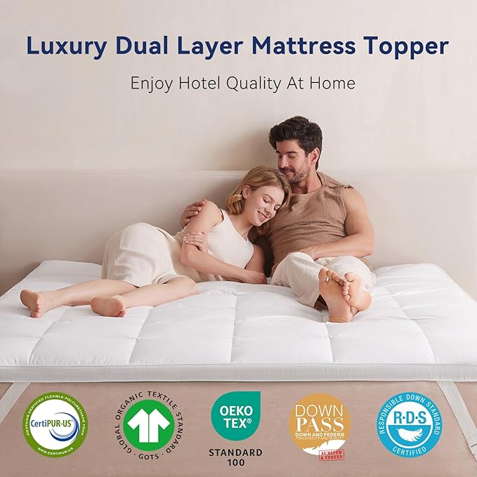 Dual Layer 2 Inch Memory Foam Mattress Topper Twin Size, 1.5 Inch Cooling Gel Memory Foam and 0.5 Inch Goose Down Fibers Mattress Pad Cover for Pressure Relieving(39"x75")