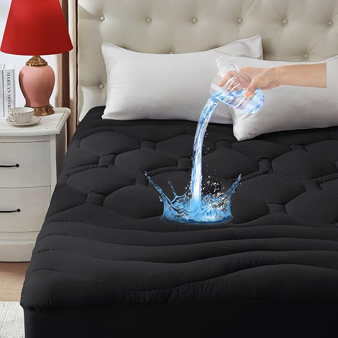King Size Mattress Pad Waterproof, Cooling Mattress Topper Noiseless, Leak Proof Mattress Protector Deep Pocket Washable, Quilted Fitted Soft King Mattress Pad Cover (78x80 inch, Black)