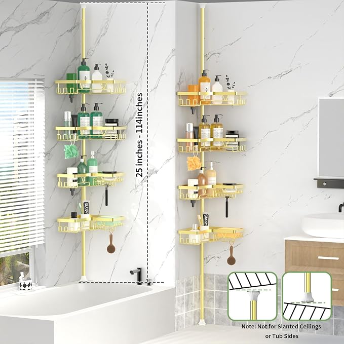 DAOYA Shower Caddy Tension Pole with 2 Soap Holders, Adjustable Corner Shower Caddy, Gold Finish, Expandable 25-114.2 Inches for Bathtub Corner, Bathroom Storage Organizer - Image 7