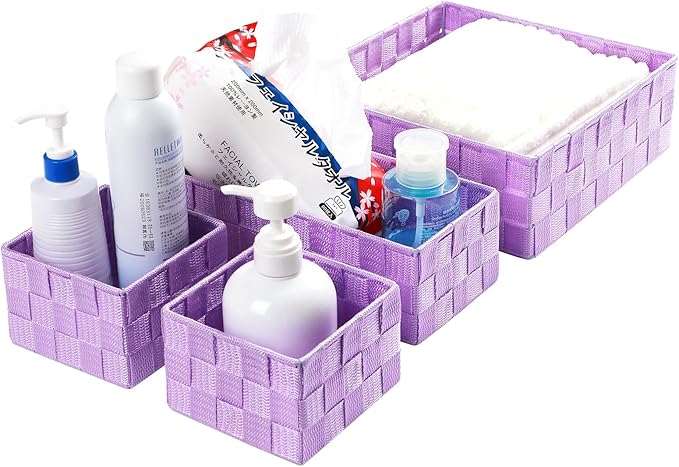 Posprica Woven Storage Baskets for Organizing, Small Black Baskets Cube Bin Container Tote Organizer Divider for Drawer, Closet, Shelf, Dresser, Set of 4(Purple) - Image 7
