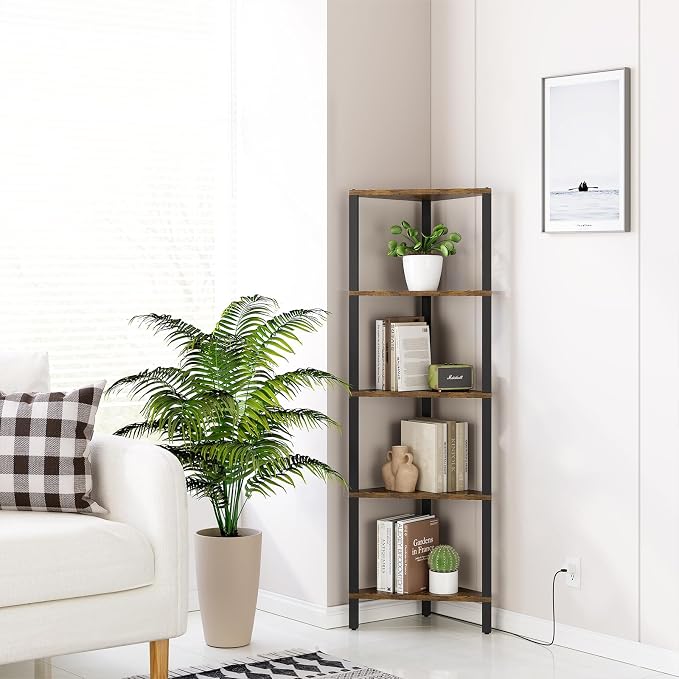 TUTOTAK Corner Shelf with LED Light, 5-Tier Corner Bookshelf for Small Space, Narrow Display Corner Shelf Stand with Storage Rack, for Living Room, Bedroom, Rustic Brown BS05BB005L - Image 9