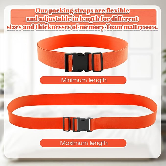 2 Pcs 60" x 2" Mattress Topper Straps Adjustable Memory Foam Packing Straps with Buckles for Home Mattress Moving or Storage, Orange