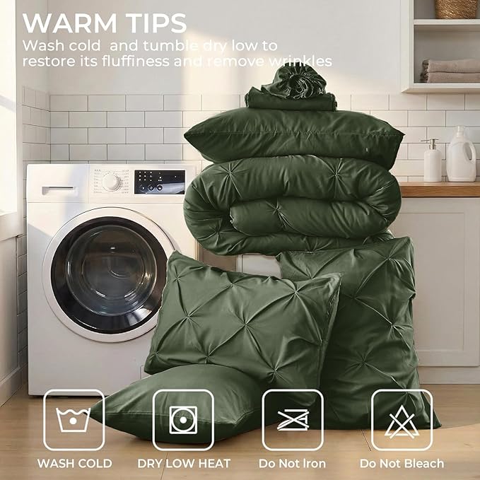 Sasttie Full Size Comforter Set, 7-Piece Bed in a Bag, Pintuck Bedding Set for All Season, Includes Comforter, Flat Sheet, Fitted Sheet, Pillowcases and Pillowshams, Dark Green