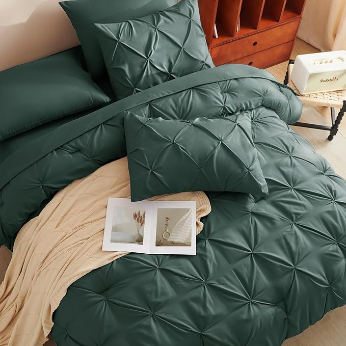 CozyLux Full Size Comforter Sets Forest Green, 7 Pieces Bed in A Bag Green Comforter Full Size, Pinch Pleat Bedding Sets with All Season Comforter, Sheets, Pillowcases & Shams