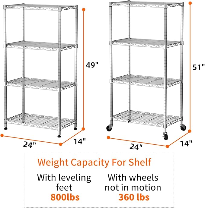 SINGAYE 4 Shelf Storage Wire Shelves Closet Bathroom Organizers Metal Pantry Kitchen Garage Shelving Unit Laundry Room Organization Home Narrow Rack Net Basket with Wheels Silver - Image 2