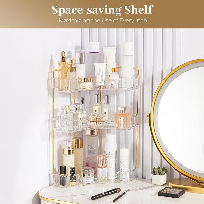 Aveniee Corner Bathroom Counter Organizer, Bathroom Countertop Shelf Makeup Storage, Clear Perfume Tray Holder (3 Tiers, White) - Image 6