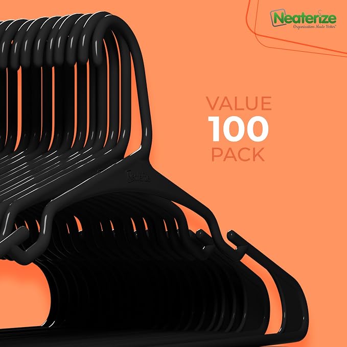 NEATERIZE Clothes Hangers Plastic 100 Pack for Adults - Plastic Hangers, The Perfect Coat Hanger and Space Saving Clothes Hangers for Closet - Black Hangers - Image 7