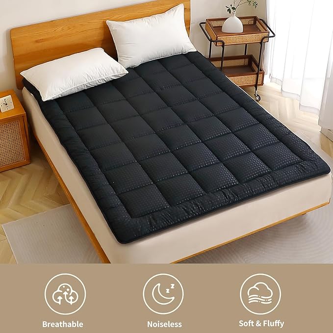Quilted Fitted Mattress Pad, Elastic Fitted Mattress Topper Protector and Cover Stretches up to 14 Inches Deep, 4 Anchor Elastic Bands, Machine Washable (Black, Queen)