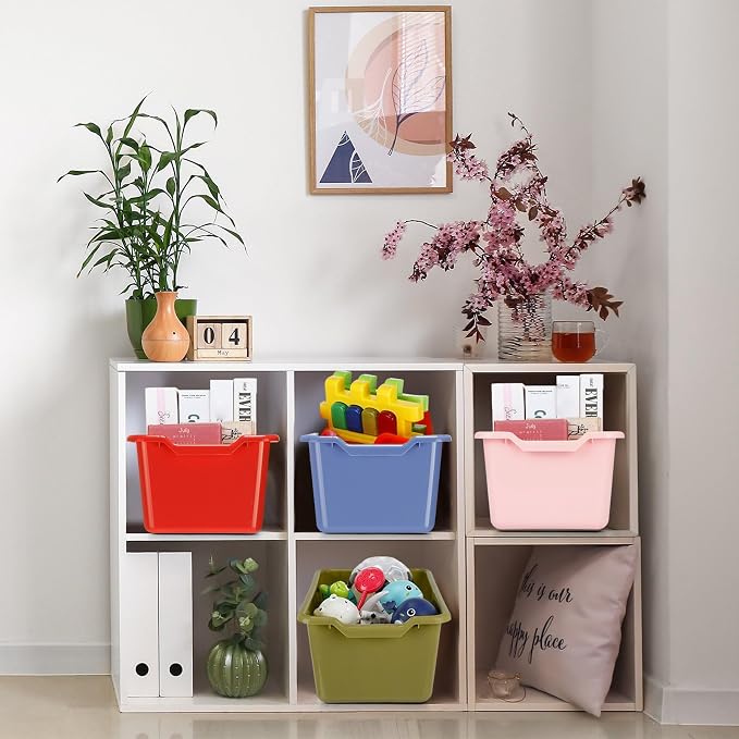 Dandat 16 Pcs Plastic Book Bins for Classroom Library Cubby Bins Scoop Front Stackable Toy Storage Tubs Containers for School Office Home Nursery Playroom Organization(Vintage Color) - Image 7