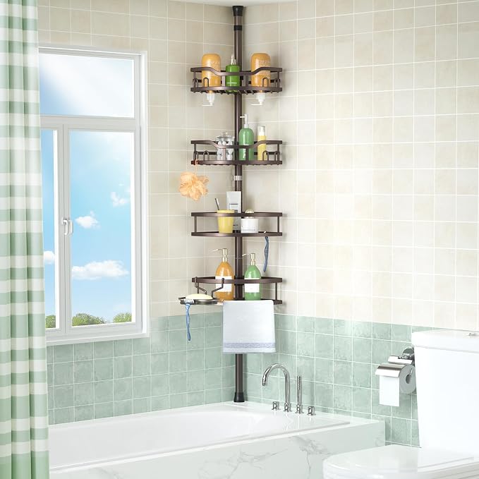 HAMITOR Corner Shower Caddy Tension Pole: Rustproof Stable 4-Tier Bathroom Organizer Shelves for Bathtub Shampoo Storage - 47-121 Inch Quick Install Adjustable Standing Rack with Soap Rack - Bronze - Image 7