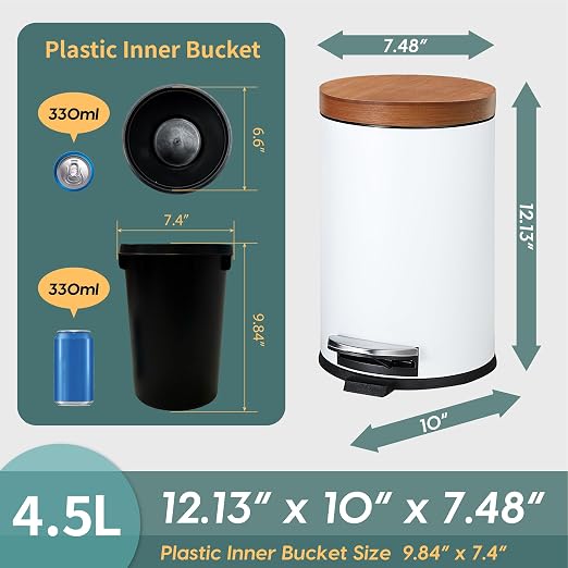 SunnyPoint Elite Bamboo Lid 4.5 Liter (1.2 Gallon) Round Trash Can with Plastic Inner Bucket; Bathroom, Office, Kitchen and Bedroom Step On and Slow Close (White) - Image 5