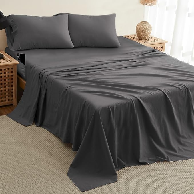 DREAMCARE Twin XL Sheet Sets - 4 pcs Breathable Cooling Bed Sheets - up to 15" Deep Pocket Twin XL Sheets Set with Side Pockets - Extra Soft 100% Brushed Hypoallergenic Hotel Luxury Bedding - Gray