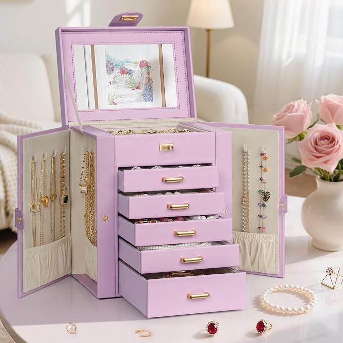 AKOZLIN Jewelry Box Organizer Functional Leather Jewelry Storage Case for Women Girls Ring Necklace Earring Bracelet Holder Organizer with Mirror - Image 8