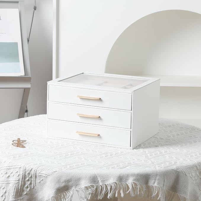Frebeauty Clear Lid Jewelry Box,3-Layer Jewelry Organizer with Drawer,PU Leather Jewelry Organizers and Storage,Jewelry Boxes for Women,Jewelry Storage for Rings Earring Stud,Gift for Women(White) - Image 6