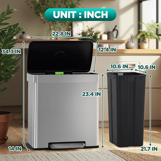 FDW 16 Gallon / 60 L Garbage Can Kitchen Trash Can with Lid for Office Bedroom Bathroom Step Trash Bin Fingerprint-Proof Brushed Stainless Steel 16 Gallon / 60 Liter - Image 7