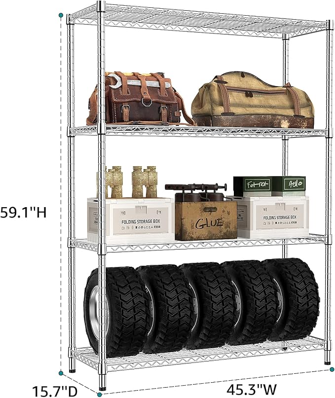 IZEUK 4-Tier Adjustable Heavy Duty Metal Wire Shelving Unit, Wide Storage Rack Organizer for Garage, Kitchen, Office, Dorm, Warehouse (Silver, 15.8" D x 45.8" W x 59.4" H, 1400 lbs Capacity) - Image 8