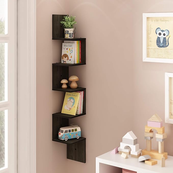 Furinno Rossi Wall Mount Floating Corner Shelf, 5-Tier Square , Espresso - Image 9
