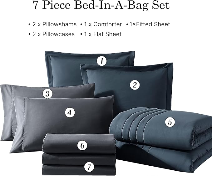 Monbix Oversized King Size Comforter Set - 7 Pieces Blue Gray Bed in a Bag Oversized King Bedding Sets with Comforter, All Seasons Comforter Bed Set with Sheets, Pillowcases & Shams