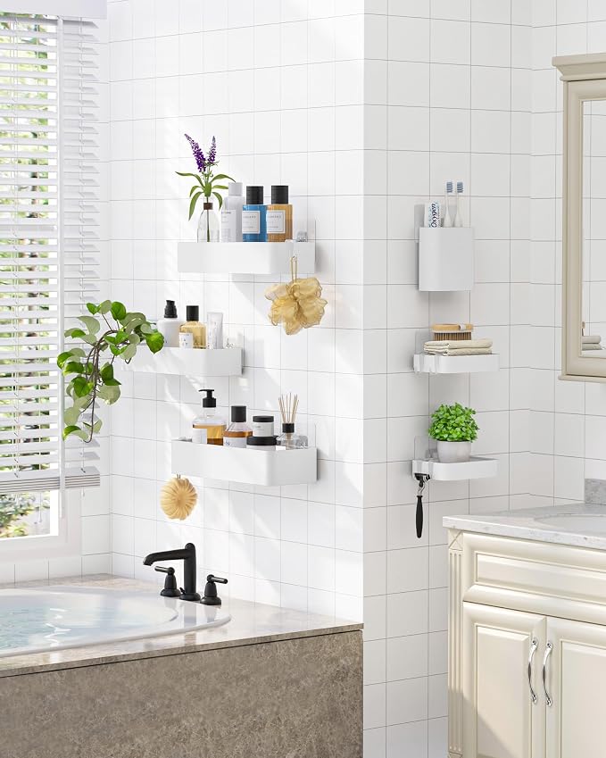 Kitsure Shower Caddy Adhesive - 6-Pack, No-Drilling Shower Shelves with Soap Holder, Toothbrush Holde, 6 Hooks, Rustproof & Stylish Bathroom Organizers and Storage Solution, White, Large - Image 3