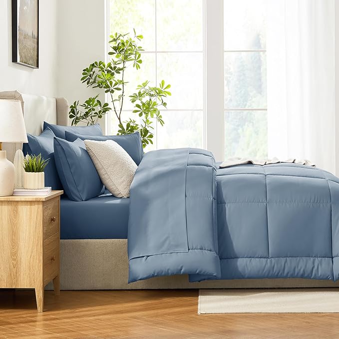CozyLux Full Size Comforter Sets Dusty Blue, 7 Pieces Bed in a Bag, Grayish Blue Comforter Full Size, All Season Bedding Sets with Stitch Quilted Comforter, Flat Sheet, Fitted Sheet, Pillowcases