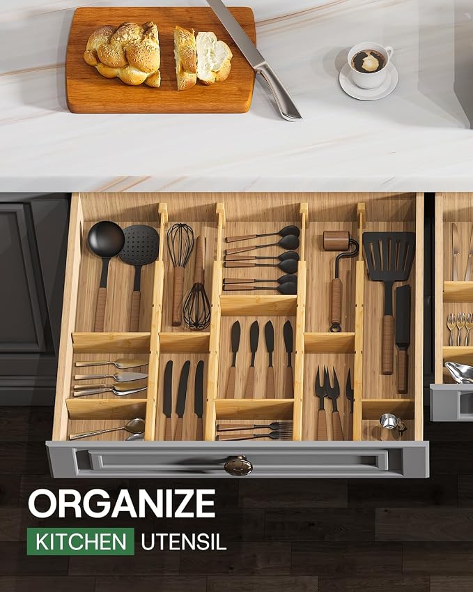 kiplant Bamboo Drawer Dividers - Adjustable Drawer Dividers for Clothes, Kitchen, Closet & Office - 8 Pack with Inserts, 18-22.6 Inches, Non-Slip Silicone Ends - Image 8
