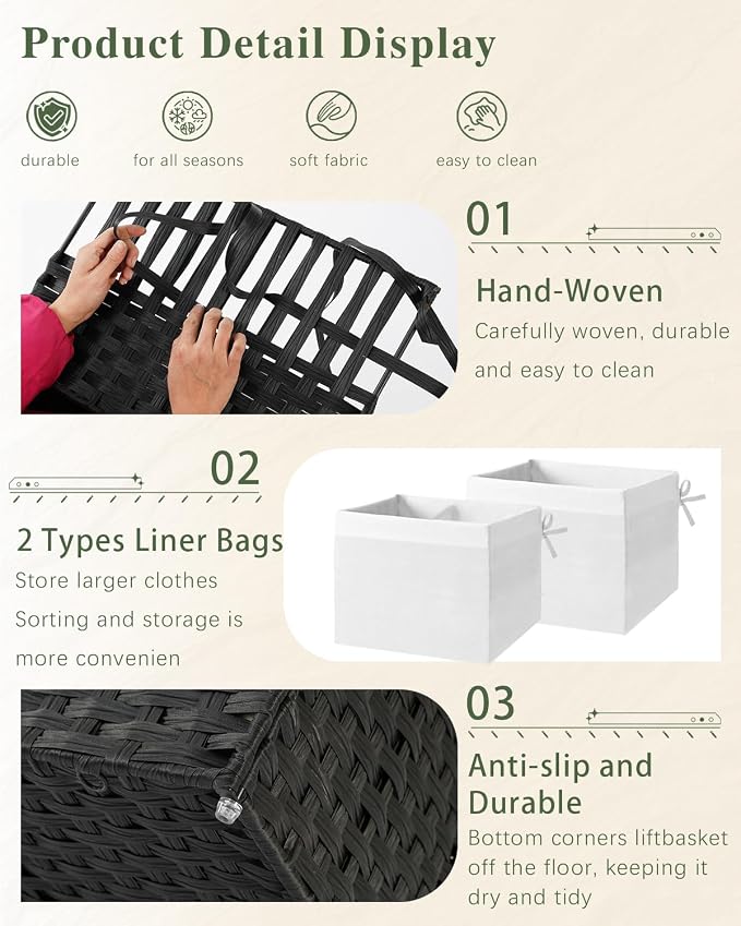 SETVSON Storage Basket with Lid Wicker Baskets for Storage with 2 Separate Lid 42.3 Gallon (160 L) 29.9 x 17.3 x 18.1 Inches Rattan Woven Large Wicker Basket with 2 Liners for Bedroom Laundry Black - Image 8
