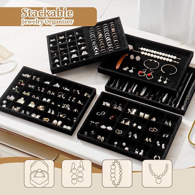 Large Velvet Jewelry Tray 2 Pack Stackable Jewelry Display Drawer Inserts Trays Organizer for Earring Bracelet Necklace Ring (Black, 20 Hooks) - Image 7