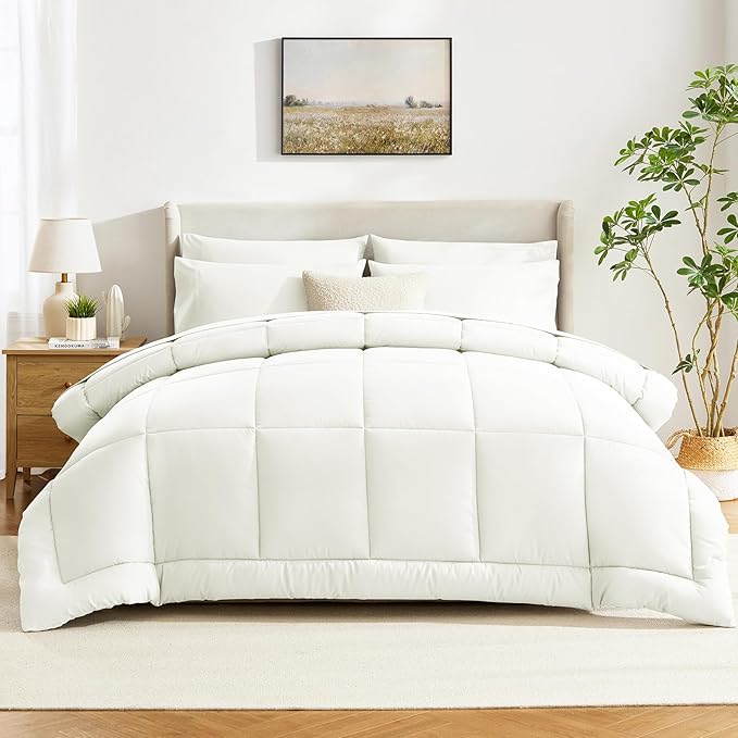 CozyLux King Size Comforter Set Ivory, 7 Pieces Bed in a Bag, Ivory Comforter King Size, Bedding Sets with All Season Quilted Comforter, Flat Sheet, Fitted Sheet, Pillowcases