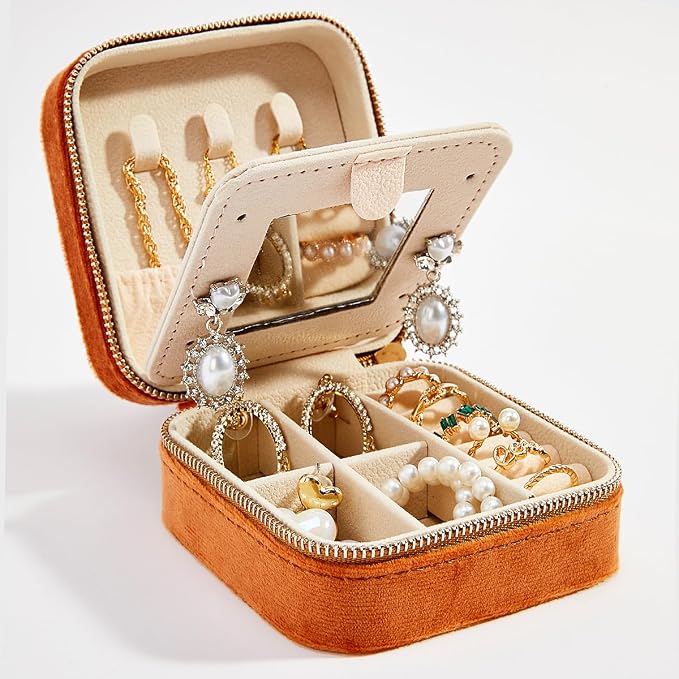 Smileshe Travel Velvet Jewelry Box with Mirror, Mini Gifts Case for Women Girls, Small Portable Organizer Boxes for Rings Earrings Necklaces Bracelets - Image 6