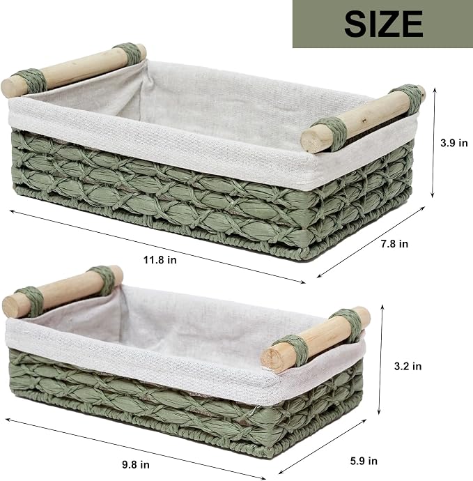 Storage Basket Wicker Baskets for Organizing with Handle Decorative Storage Bins for Countertop Toilet Paper Storage Basket for Toilet Tank Top Small Baskets Set (Set of 2,Green) - Image 7