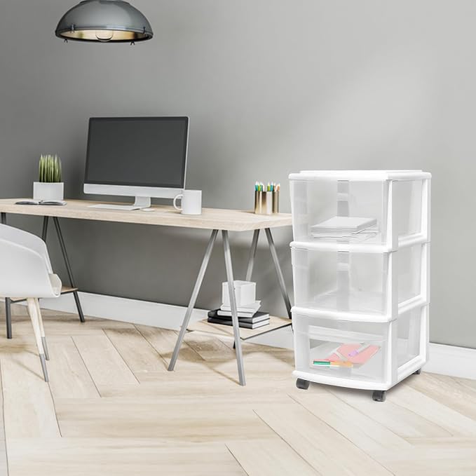 HOMZ 2-Pack Drawer Tower, 3-Tier Clear Plastic Storage Organizer Cart, White Frame - Organizing Containers with Wheels for Home, Bathroom, Bedroom, Office, and Classroom - Image 9
