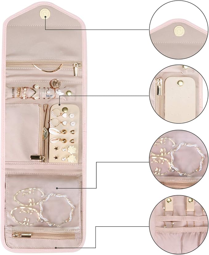 BAGSMART Travel Jewelry Organizer Case Foldable Jewelry Roll for Journey Rings, Necklaces, Earrings, Bracelets,Mini,Light Pink - Image 9