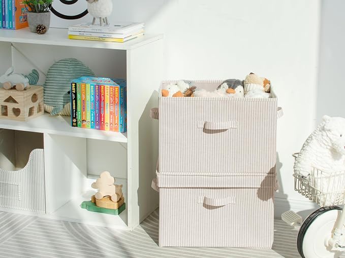 StorageWorks Fabric Storage Bins with Lid, Decorative Storage Boxes for Shelves, Stackable Closet Organizer Basket with Handles, Jumbo, Khaki and Beige Stripes, 2-Pack - Image 7