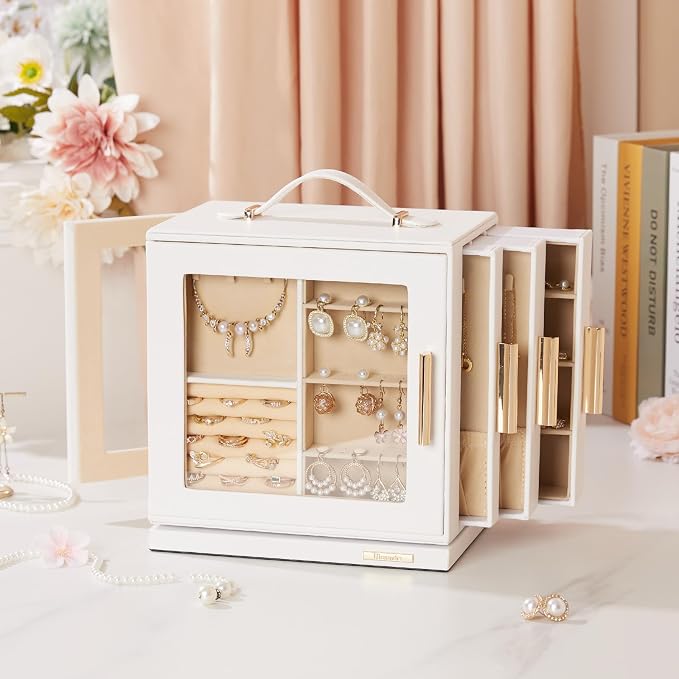 Homde Mothers Day Gifts Jewelry Box 360° Rotating, Necklace Earring Organizer with Transparent Window, Mirror, 7 Drawers, Large Ring Display Storage Case for Girls Women (White) - Image 9