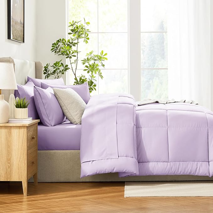 CozyLux Queen Comforter Set Lavender, 7 Pieces Bed in a Bag, Light Purple Comforters Queen Size, All Season Bedding Sets with Stitch Quilted Comforter, Flat Sheet, Fitted Sheet, Pillowcases