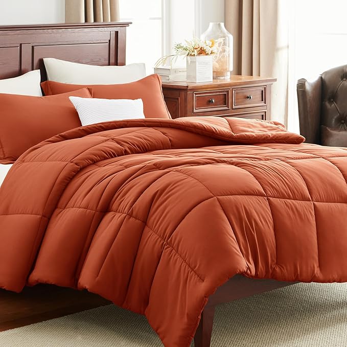 CozyLux Full Size Comforter Sets - Burnt Orange Comforter, 3 Pieces Terracotta Box Stitched Bed Set for All Seasons, Soft Bedding Sets with 1 Down Alternative Comforter and 2 Pillow Shams