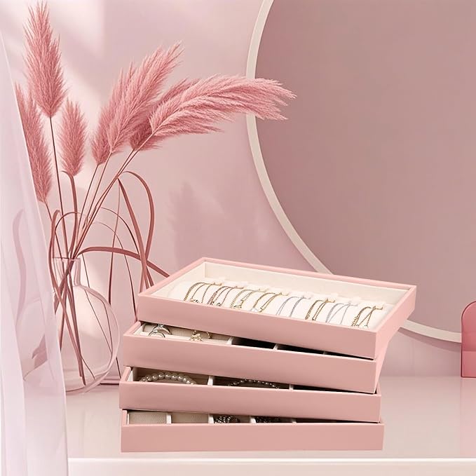 LANDICI Stackable Jewelry Organizer Trays 4 Set,PU Leather Jewelry Organizer Drawer,Jewelry Storage Display Tray for Earring Necklace Rings Bracelet with Removable Dividers,Pink - Image 7