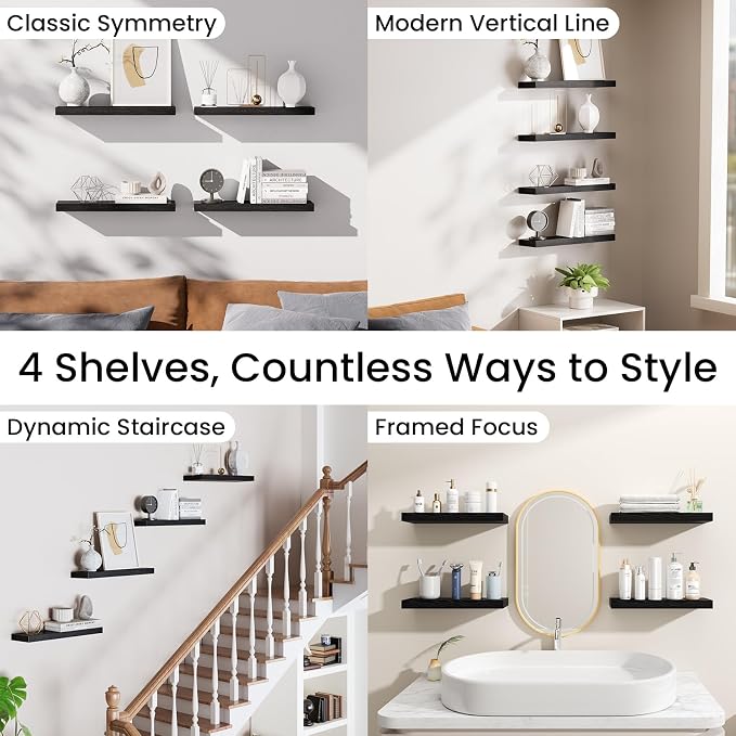 BAYKA Floating Shelves for Wall, 15.7in Wall Mounted Rustic Wood Shelves for Bathroom, Bedroom, Living Room, Kitchen, Hanging Shelf for Books/Storage/Room Decor with 22lbs Capacity (Black, Set of 4) - Image 9