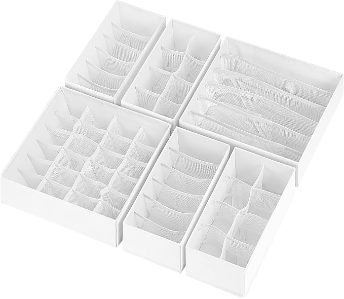 6 Pack Sock Underwear Drawer Organizer Dividers, 58 Cell Foldable Fabric Dresser Closet Organizers and Storage Bins for Clothing, Baby Clothes, Bra, Panty, Scarf, Ties (White) - Image 8